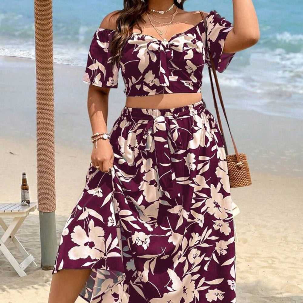 NEW Floral Print Off Shoulder Crop Top & Skirt, 2 Piece Set, Boho Tie Maxi Women > Pants & Jumpsuits > Jumpsuits & Rompers 13 $ Buttons & Beans Co.