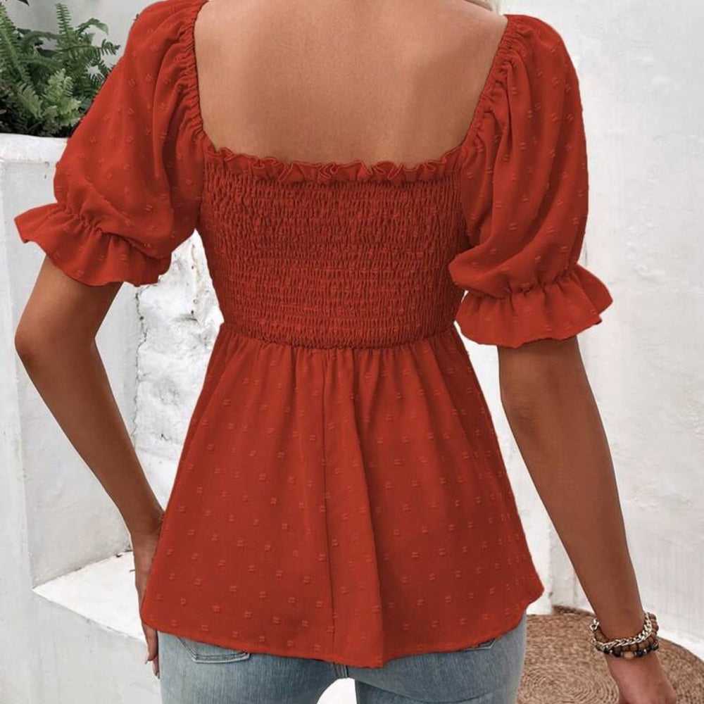 NEW Square Neck Puff Sleeve Peplum Blouse, Shirred top, Empire Waist, Burnt Rust Women > Tops > Blouses 10 $ Buttons & Beans Co.