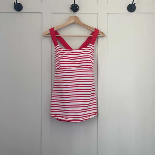 New Lululemon Train and Track Tank White and red Stripe, built in bra Women > Tops > Tank Tops 36 $ Buttons & Beans Co.