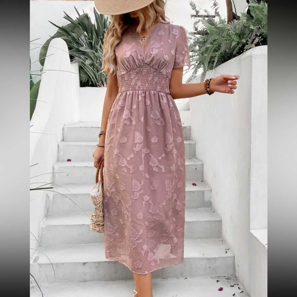 New Pink Jacquard Puff Sleeve Shirred Dress | Wedding Guest Dress Women > Dresses > Midi 13 $ Buttons & Beans Co.