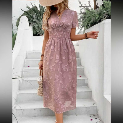 New Pink Jacquard Puff Sleeve Shirred Dress | Wedding Guest Dress Women > Dresses > Midi 13 $ Buttons & Beans Co.