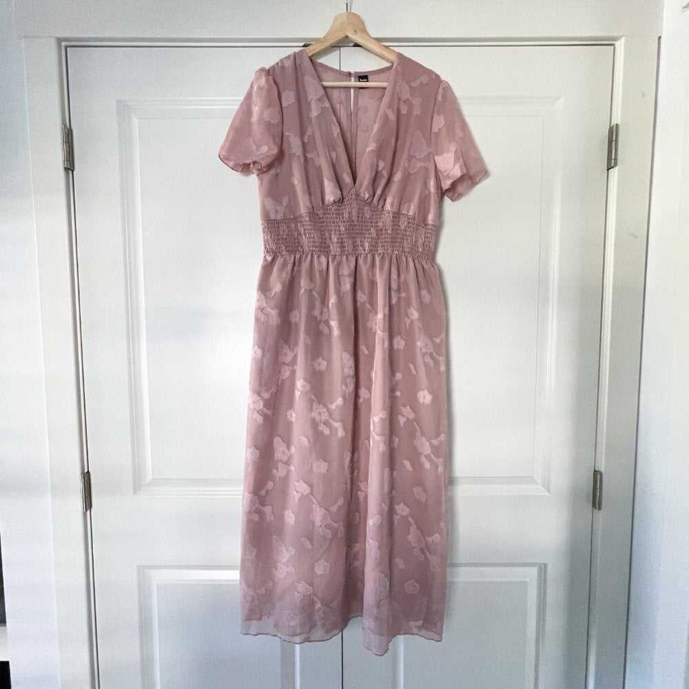 New Pink Jacquard Puff Sleeve Shirred Dress | Wedding Guest Dress Women > Dresses > Midi 13 $ Buttons & Beans Co.