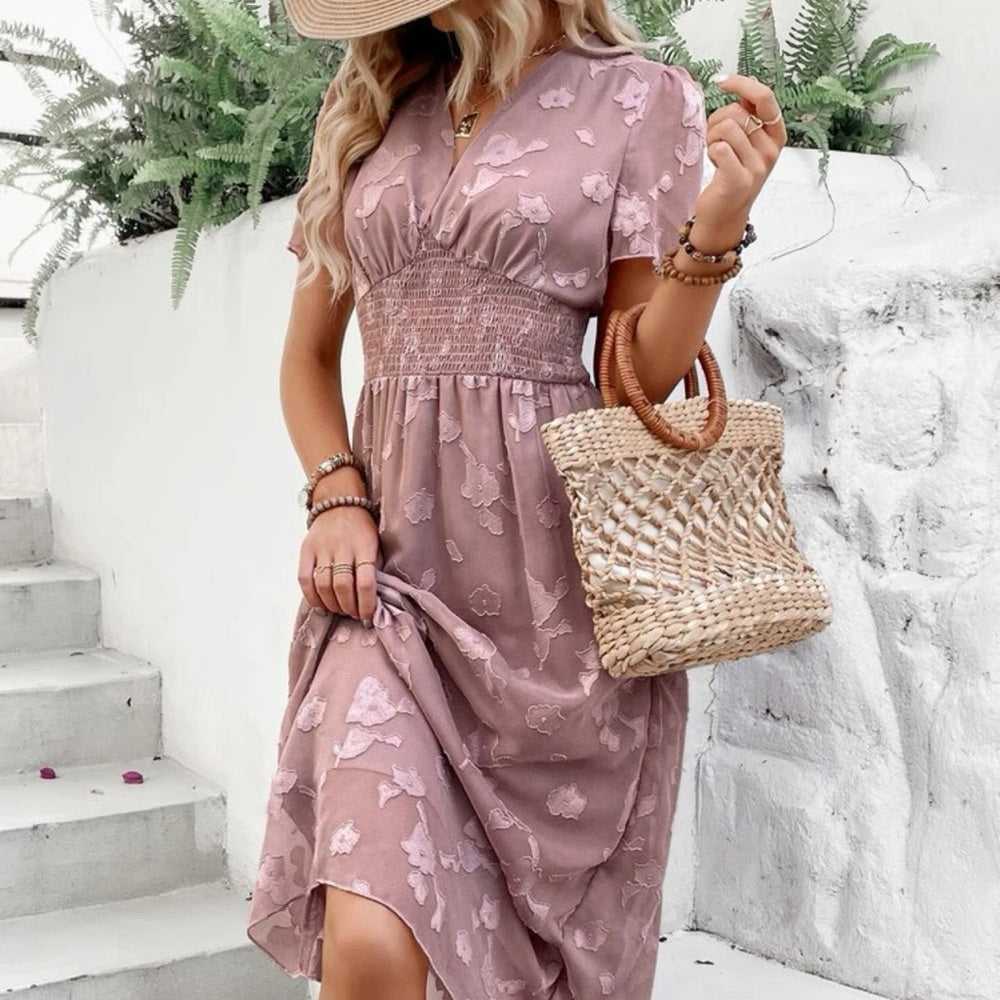 New Pink Jacquard Puff Sleeve Shirred Dress | Wedding Guest Dress Women > Dresses > Midi 13 $ Buttons & Beans Co.