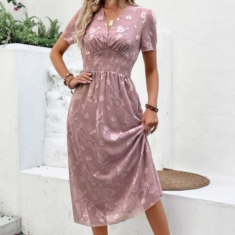 New Pink Jacquard Puff Sleeve Shirred Dress | Wedding Guest Dress Women > Dresses > Midi 13 $ Buttons & Beans Co.