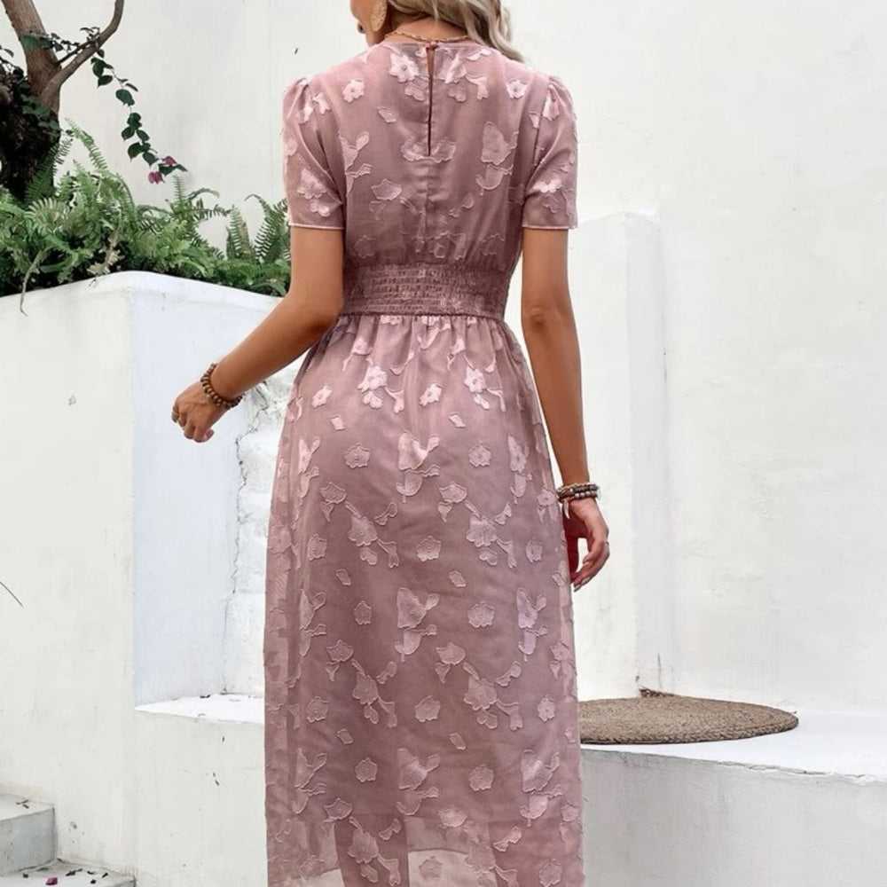 New Pink Jacquard Puff Sleeve Shirred Dress | Wedding Guest Dress Women > Dresses > Midi 13 $ Buttons & Beans Co.