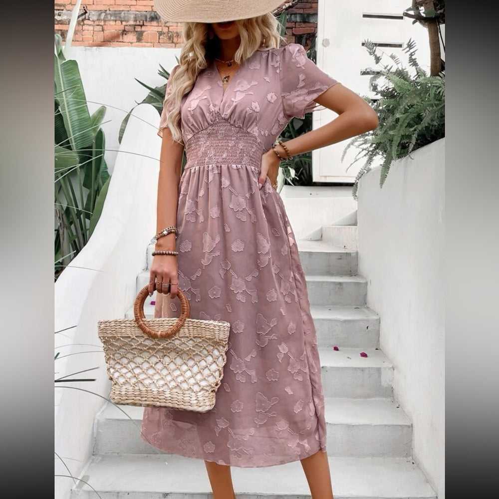 New Pink Jacquard Puff Sleeve Shirred Dress | Wedding Guest Dress Women > Dresses > Midi 13 $ Buttons & Beans Co.