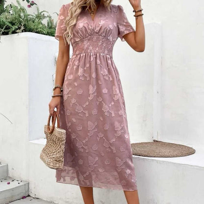 New Pink Jacquard Puff Sleeve Shirred Dress | Wedding Guest Dress Women > Dresses > Midi 13 $ Buttons & Beans Co.