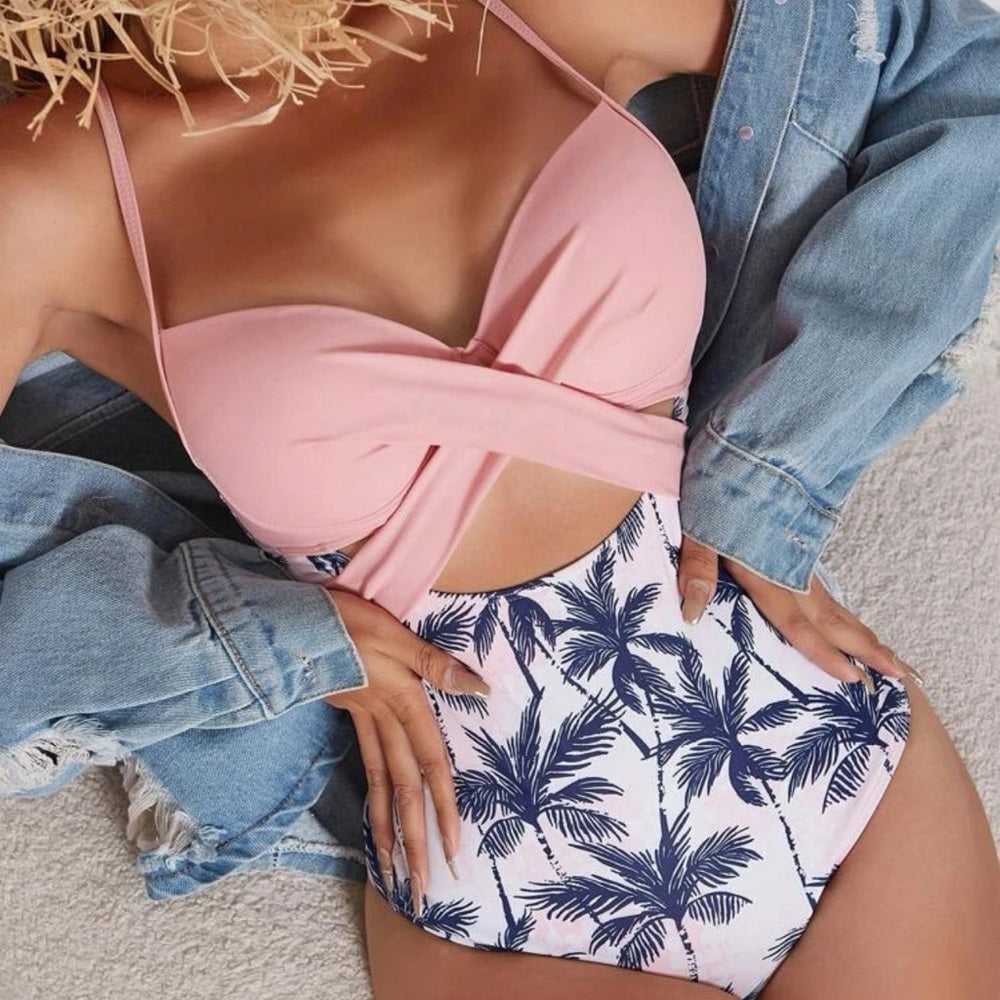 New Tropical Pink Palm Print Twist Front Push Up Underwire one Piece Swimsuit Women > Swim > Bikinis 13 $ Buttons & Beans Co.