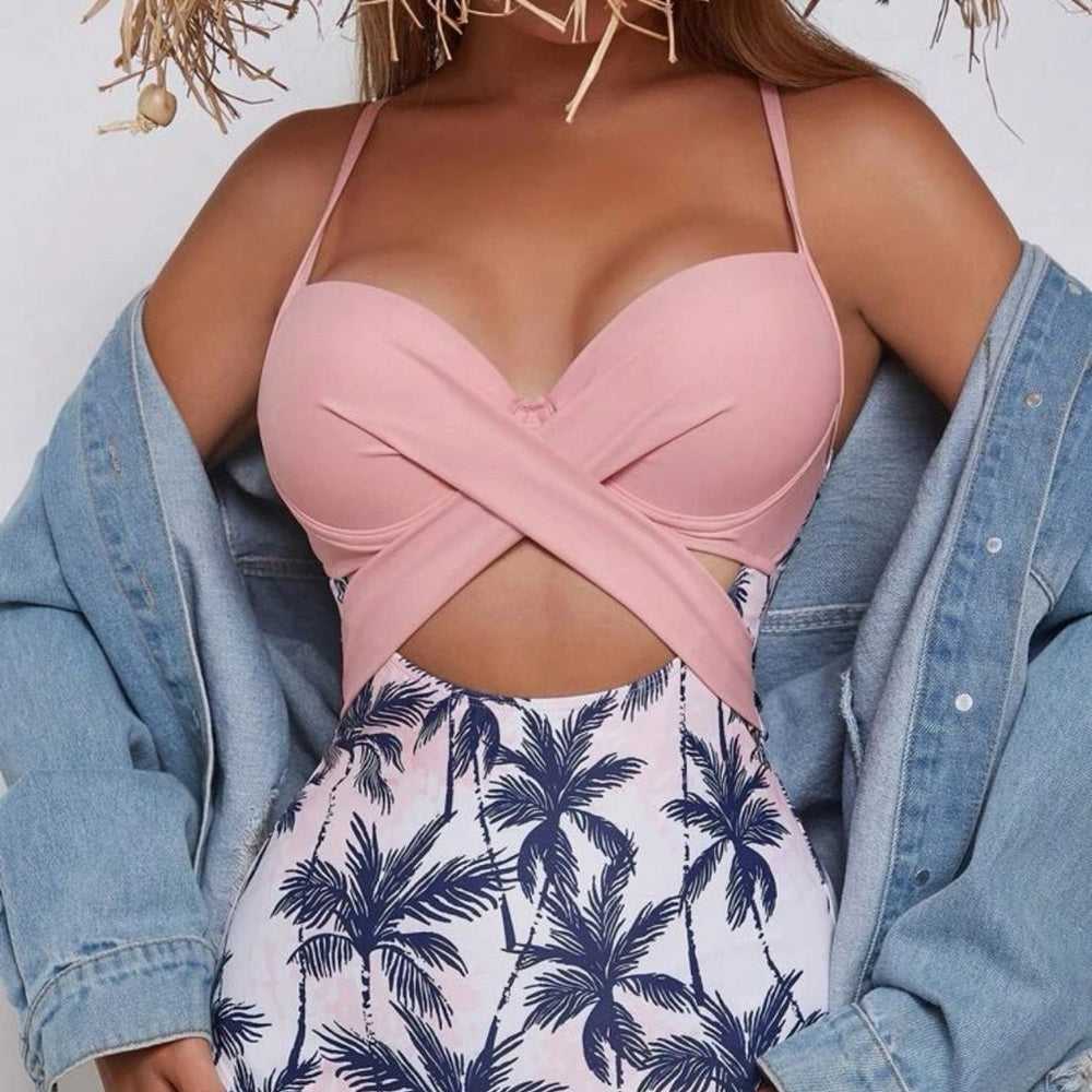 New Tropical Pink Palm Print Twist Front Push Up Underwire one Piece Swimsuit Women > Swim > Bikinis 13 $ Buttons & Beans Co.