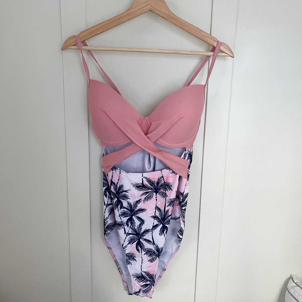 New Tropical Pink Palm Print Twist Front Push Up Underwire one Piece Swimsuit Women > Swim > Bikinis 13 $ Buttons & Beans Co.