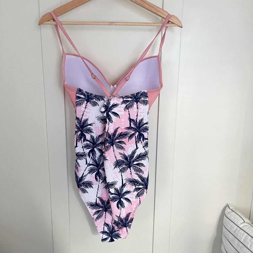 New Tropical Pink Palm Print Twist Front Push Up Underwire one Piece Swimsuit Women > Swim > Bikinis 13 $ Buttons & Beans Co.