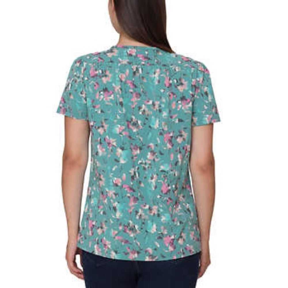 Nicole Miller Women's Printed Ruched Top, Casual Top, Shirt | Teal Floral Women > Tops > Tees - Short Sleeve 15 $ Buttons & Beans Co.