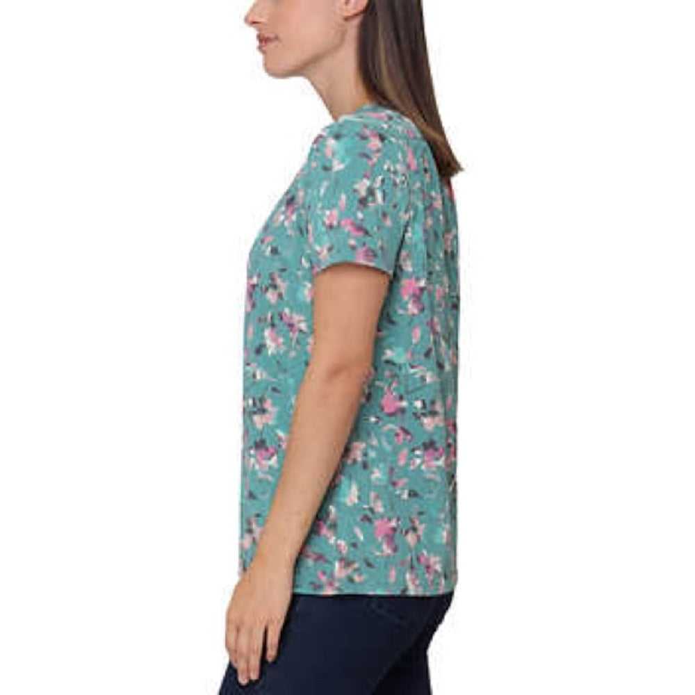 Nicole Miller Women's Printed Ruched Top, Casual Top, Shirt | Teal Floral Women > Tops > Tees - Short Sleeve 15 $ Buttons & Beans Co.