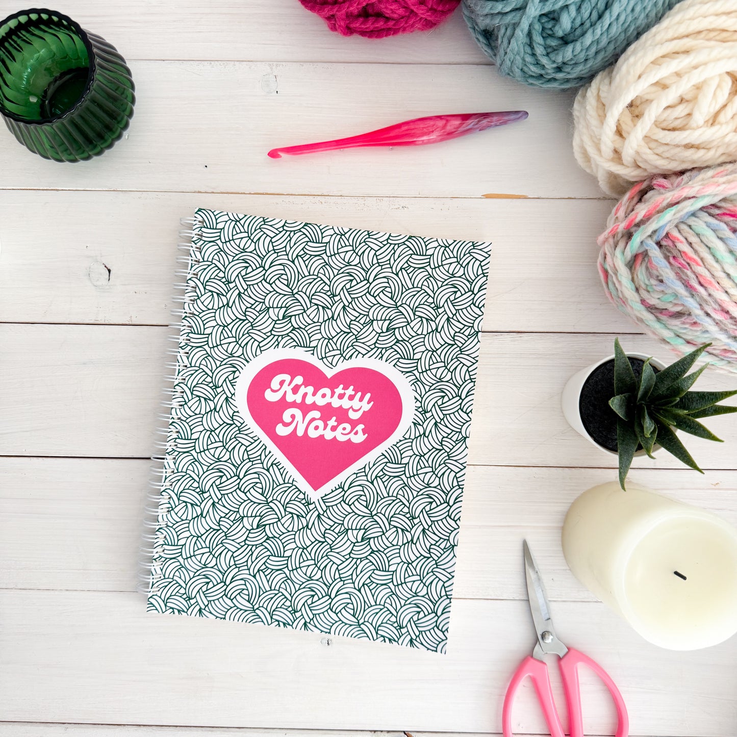 Knots All Over Green, Spiral Bound Notebook, Blank, Ruled or Bullet Paper, for Crafters, Fibre enthusiasts, Crocheters and Knitters