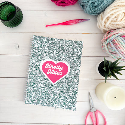 Knots All Over Green, Spiral Bound Notebook, Blank, Ruled or Bullet Paper, for Crafters, Fibre enthusiasts, Crocheters and Knitters