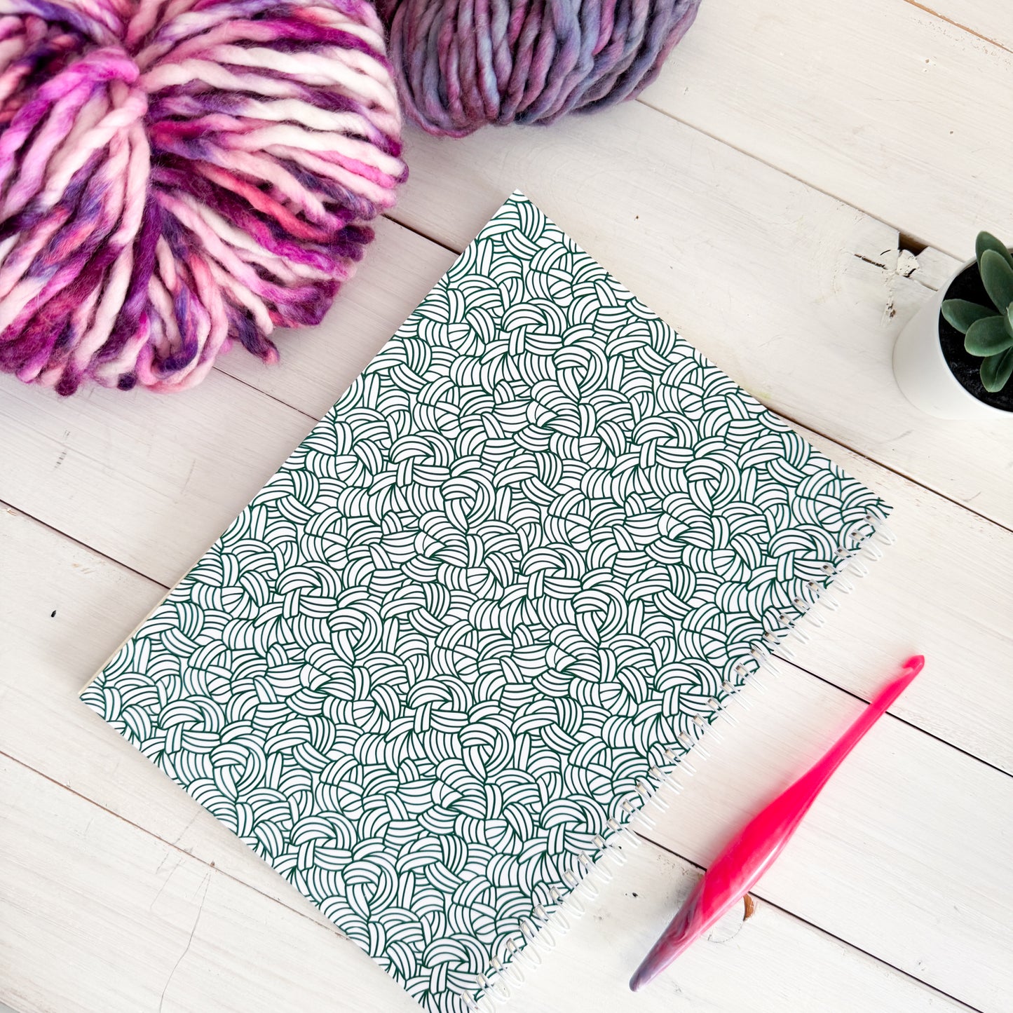 Knots All Over Green, Spiral Bound Notebook, Blank, Ruled or Bullet Paper, for Crafters, Fibre enthusiasts, Crocheters and Knitters