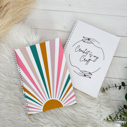 Lil' Ray O' Sunshine, Landscape Spiral Bound Notebook, Blank, Ruled or Bullet Paper, for Crafters, Fibre enthusiasts, Crocheters and Knitters