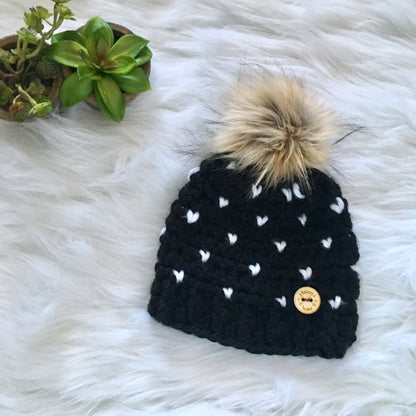 Mini Hearts | Black and White Chunky Crochet Winter Hat | Removable Faux Fur Pompom