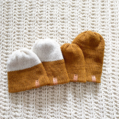 Reversa Colour Block | Mustard and Ivory Knit Slouchy Hat | Removable Faux Fur Pom pom