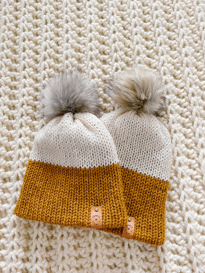 Reversa Colour Block | Mustard and Ivory Knit Slouchy Hat | Removable Faux Fur Pom pom