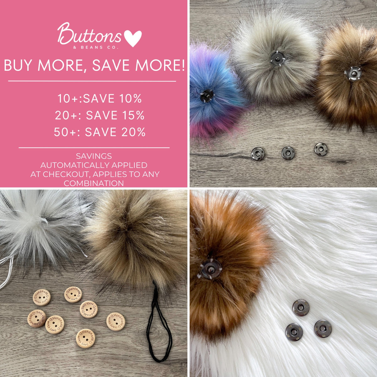 DIY Faux Fur Pompom Kit Ties, Buttons or Snaps Faux - Buttons & Beans Co.