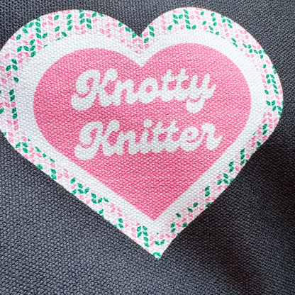 Knotty Knitter, Black or White Carry All Project Pouch, Canvas and Denim Zipper Pull Bag, Crocheter, Knitter, Yarn Collector Case, Organizer