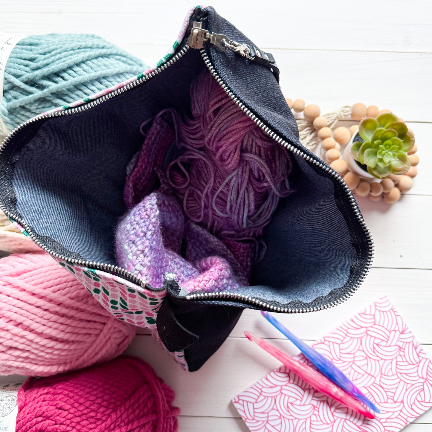 Knotty Knitter, Black or White Carry All Project Pouch, Canvas and Denim Zipper Pull Bag, Crocheter, Knitter, Yarn Collector Case, Organizer