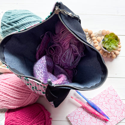Knotty Knitter, Black or White Carry All Project Pouch, Canvas and Denim Zipper Pull Bag, Crocheter, Knitter, Yarn Collector Case, Organizer