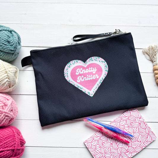 Knotty Knitter, Black or White Carry All Project Pouch, Canvas and Denim Zipper Pull Bag, Crocheter, Knitter, Yarn Collector Case, Organizer