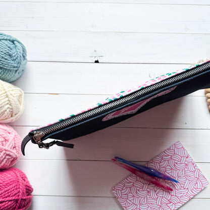 Knotty Knitter, Black or White Carry All Project Pouch, Canvas and Denim Zipper Pull Bag, Crocheter, Knitter, Yarn Collector Case, Organizer