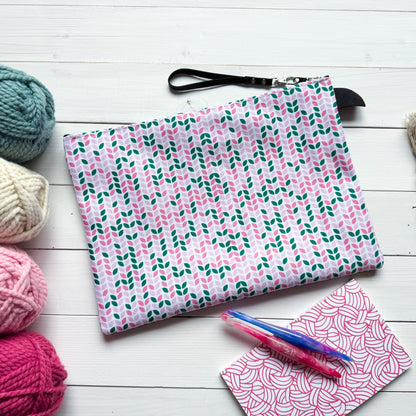 Knotty Knitter, Black or White Carry All Project Pouch, Canvas and Denim Zipper Pull Bag, Crocheter, Knitter, Yarn Collector Case, Organizer