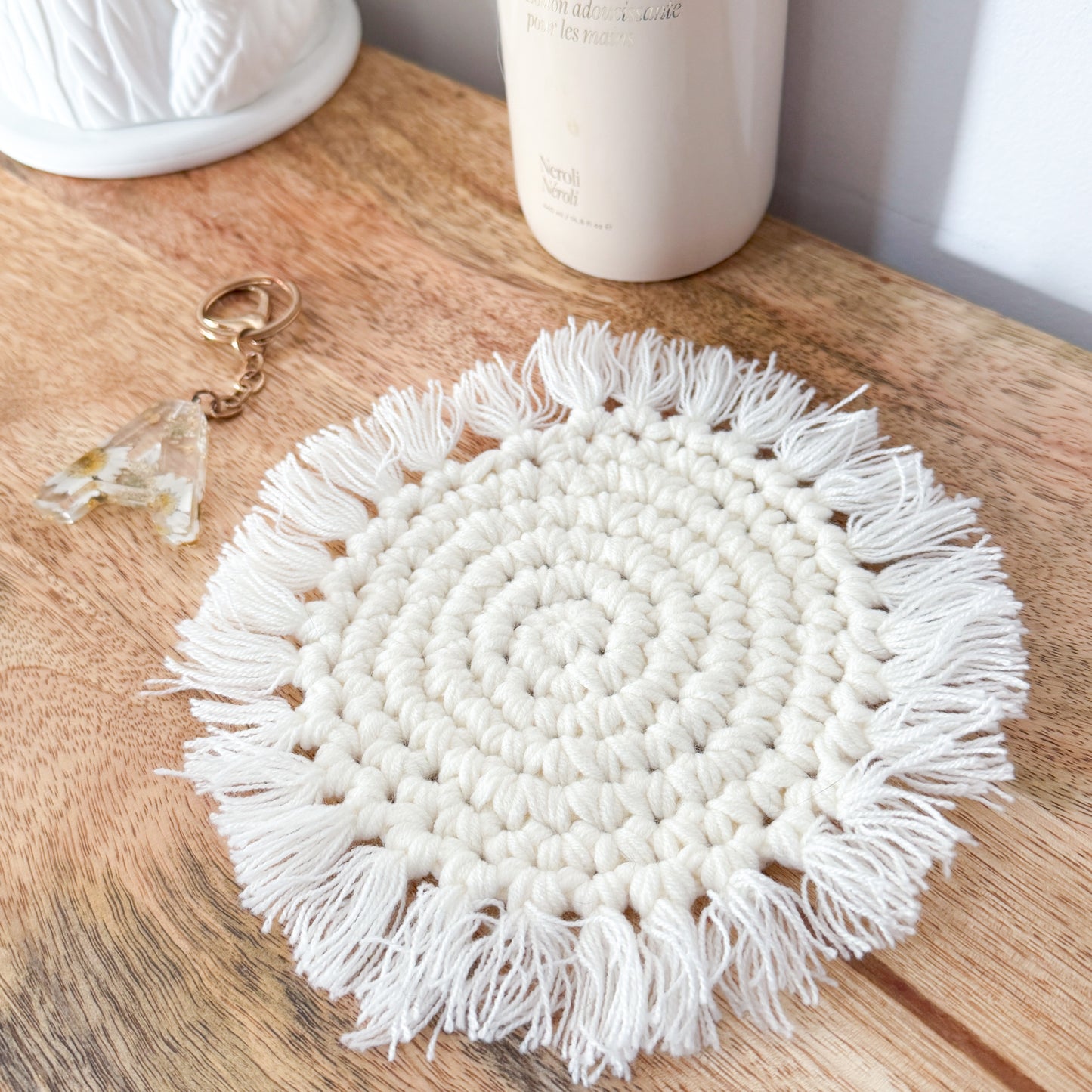 Crochet Cotton Coaster | Ivory White or Pink Boho Charger
