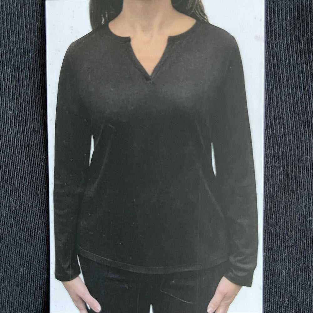 Rafaella Women’s Cotton Split V Neck Long Sleeve Top | Black T-Shirt Women > Tops > Tees - Long Sleeve 14 $ Buttons & Beans Co.