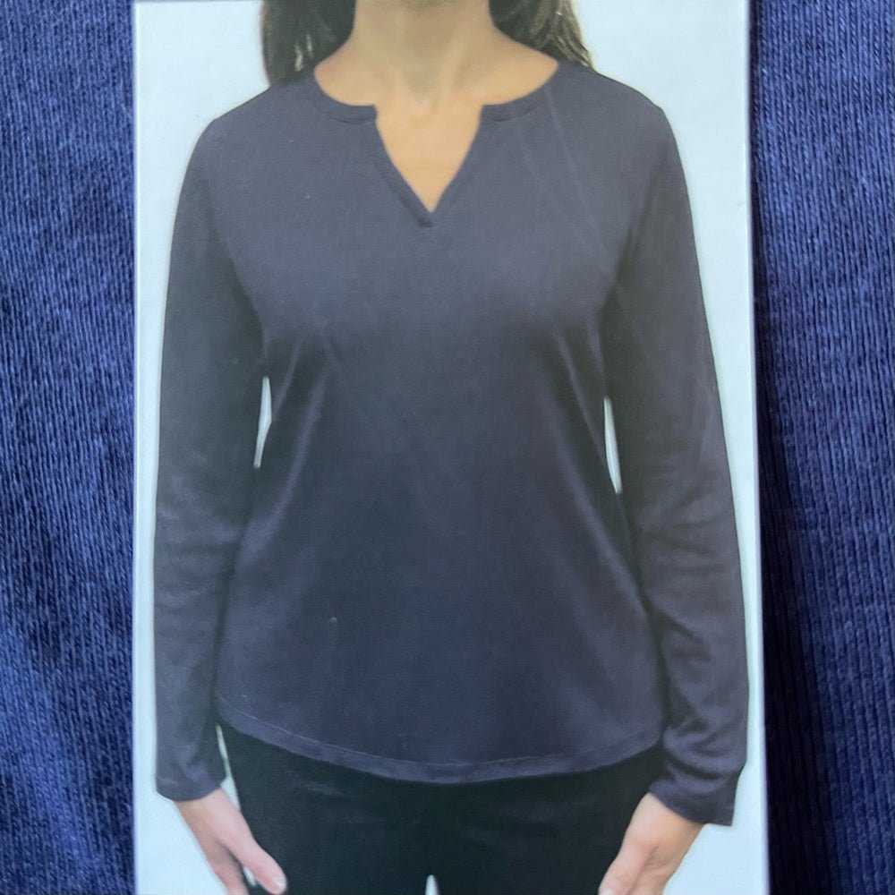 Rafaella Women’s Cotton Split V Neck Long Sleeve Top Navy Blue T-Shirt Women > Tops > Tees - Long Sleeve 15 $ Buttons & Beans Co.