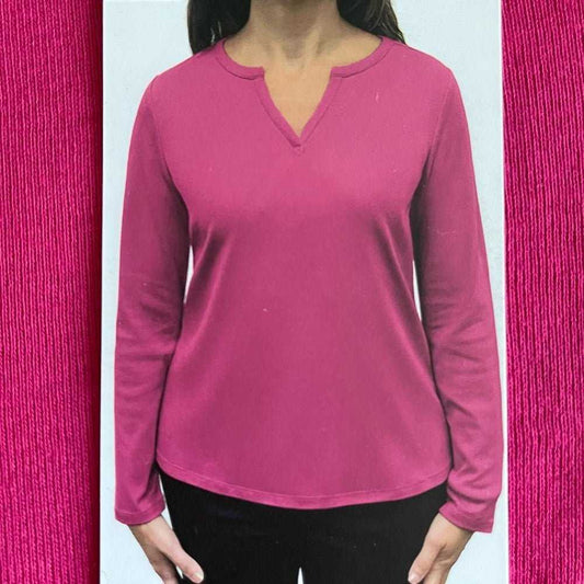 Rafaella Women’s Cotton Split V Neck Long Sleeve Top | Pink Long T-shirt Women > Tops > Tees - Long Sleeve 14 $ Buttons & Beans Co.