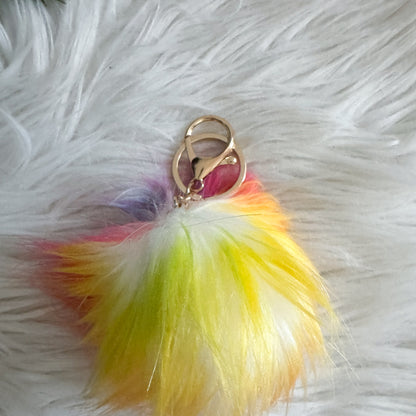 Faux Fur Pompom Keychain | Rainbow