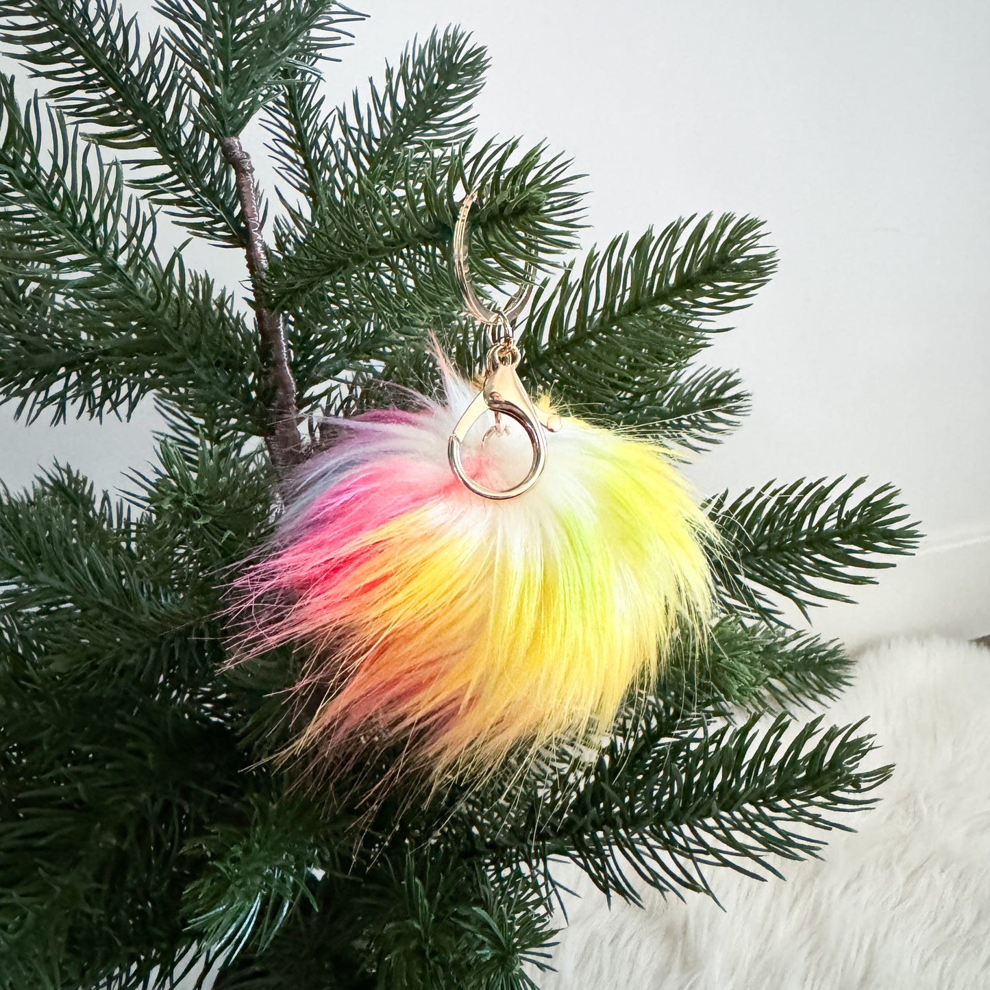Faux Fur Pompom Keychain | Rainbow