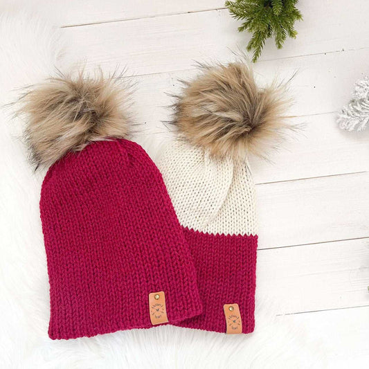 Reversa Colour Block | Cranberry Red Knit Slouchy Hat | Removable Pom pom Hats 35 $ Buttons & Beans Co.