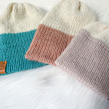 Reversa Colour Block Pick Your Colours | Baby to Adult Knit Slouchy Hat | Removable Faux Fur Pompom