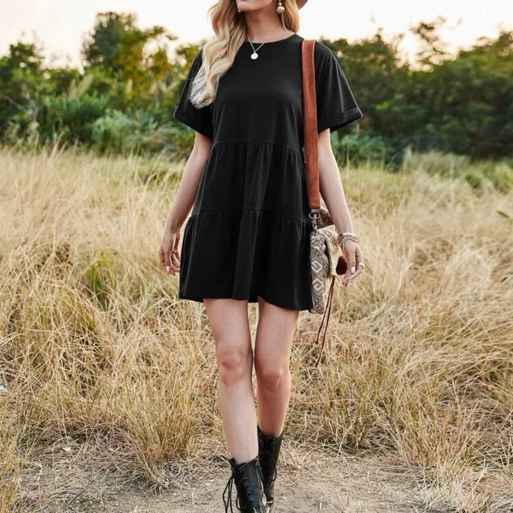 SHEIN LUNE Rolled Cuff Ruffle Hem Babydoll Dress | Black Crew neck Tiered Dress Women > Dresses 15 $ Buttons & Beans Co.