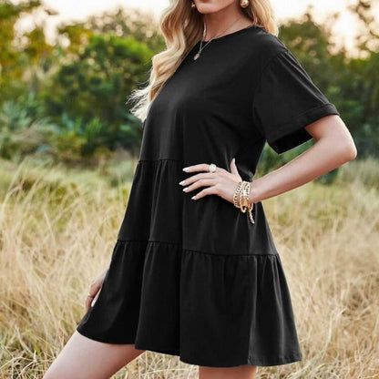 SHEIN LUNE Rolled Cuff Ruffle Hem Babydoll Dress | Black Crew neck Tiered Dress Women > Dresses 15 $ Buttons & Beans Co.