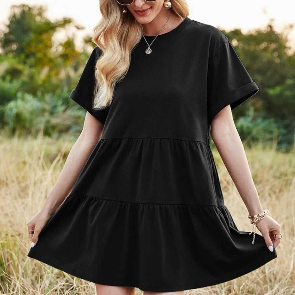 SHEIN LUNE Rolled Cuff Ruffle Hem Babydoll Dress | Black Crew neck Tiered Dress Women > Dresses 15 $ Buttons & Beans Co.