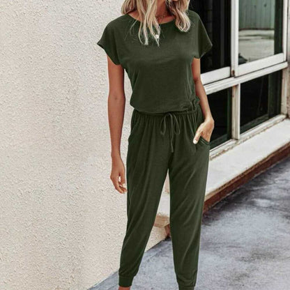 SHEIN LUNE Solid Drawstring Waist Keyhole Back Jumpsuit Women > Pants & Jumpsuits > Jumpsuits & Rompers 13 $ Buttons & Beans Co.