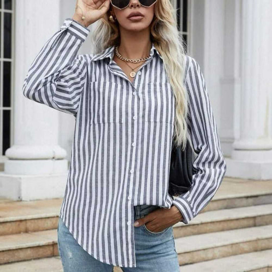 SHEIN LUNE Striped Print Button Front Shirt | Collared Navy and White Blouse Women > Tops > Button Down Shirts 12 $ Buttons & Beans Co.