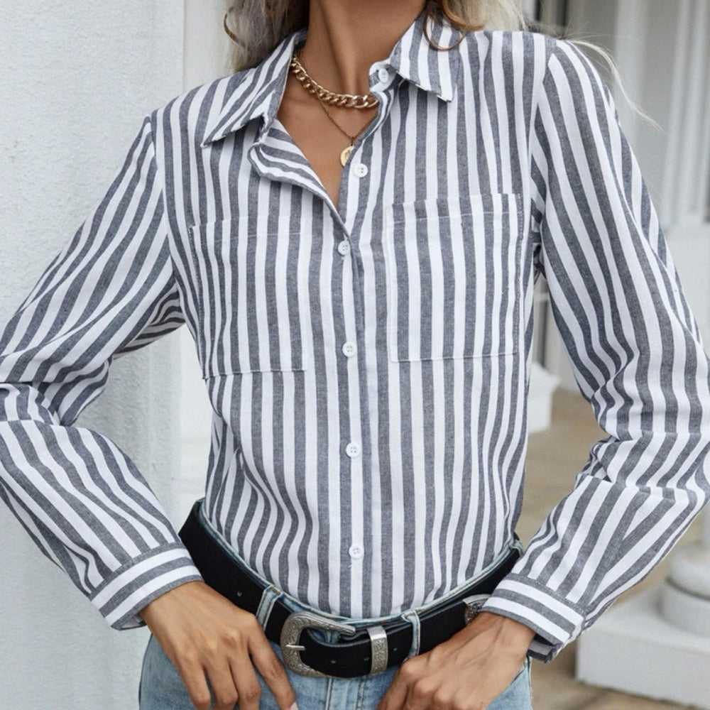 SHEIN LUNE Striped Print Button Front Shirt | Collared Navy and White Blouse Women > Tops > Button Down Shirts 12 $ Buttons & Beans Co.