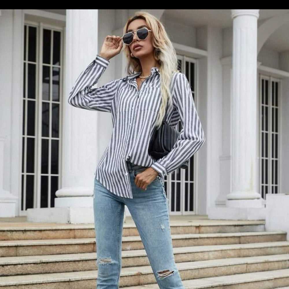 SHEIN LUNE Striped Print Button Front Shirt | Collared Navy and White Blouse Women > Tops > Button Down Shirts 12 $ Buttons & Beans Co.