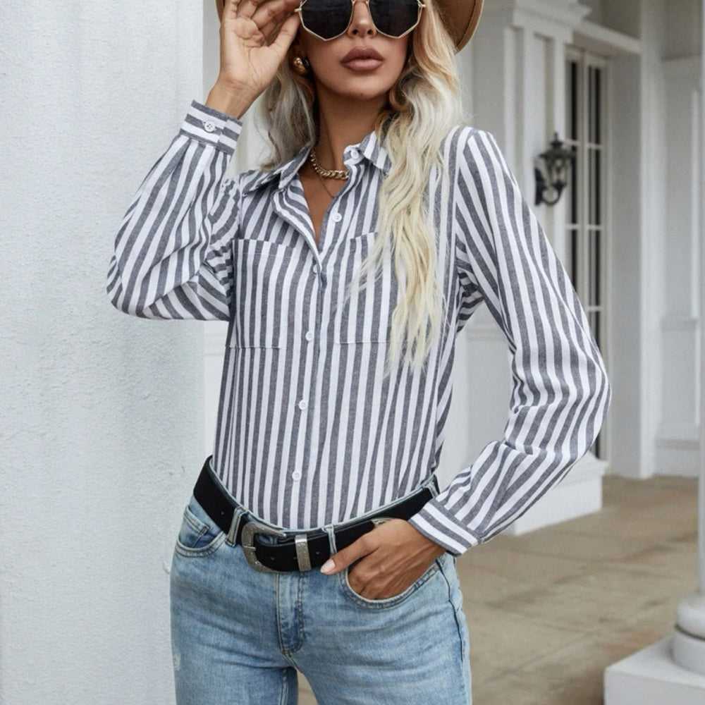 SHEIN LUNE Striped Print Button Front Shirt | Collared Navy and White Blouse Women > Tops > Button Down Shirts 12 $ Buttons & Beans Co.