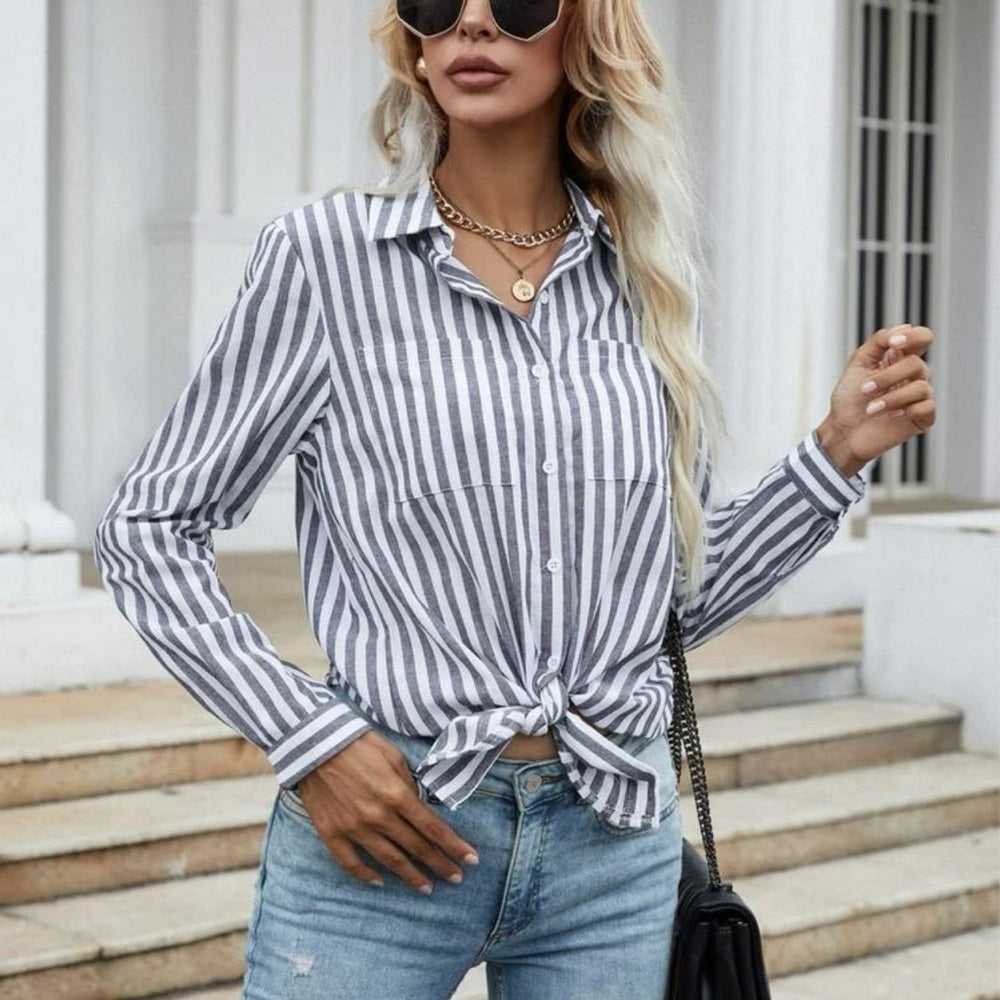 SHEIN LUNE Striped Print Button Front Shirt | Collared Navy and White Blouse Women > Tops > Button Down Shirts 12 $ Buttons & Beans Co.