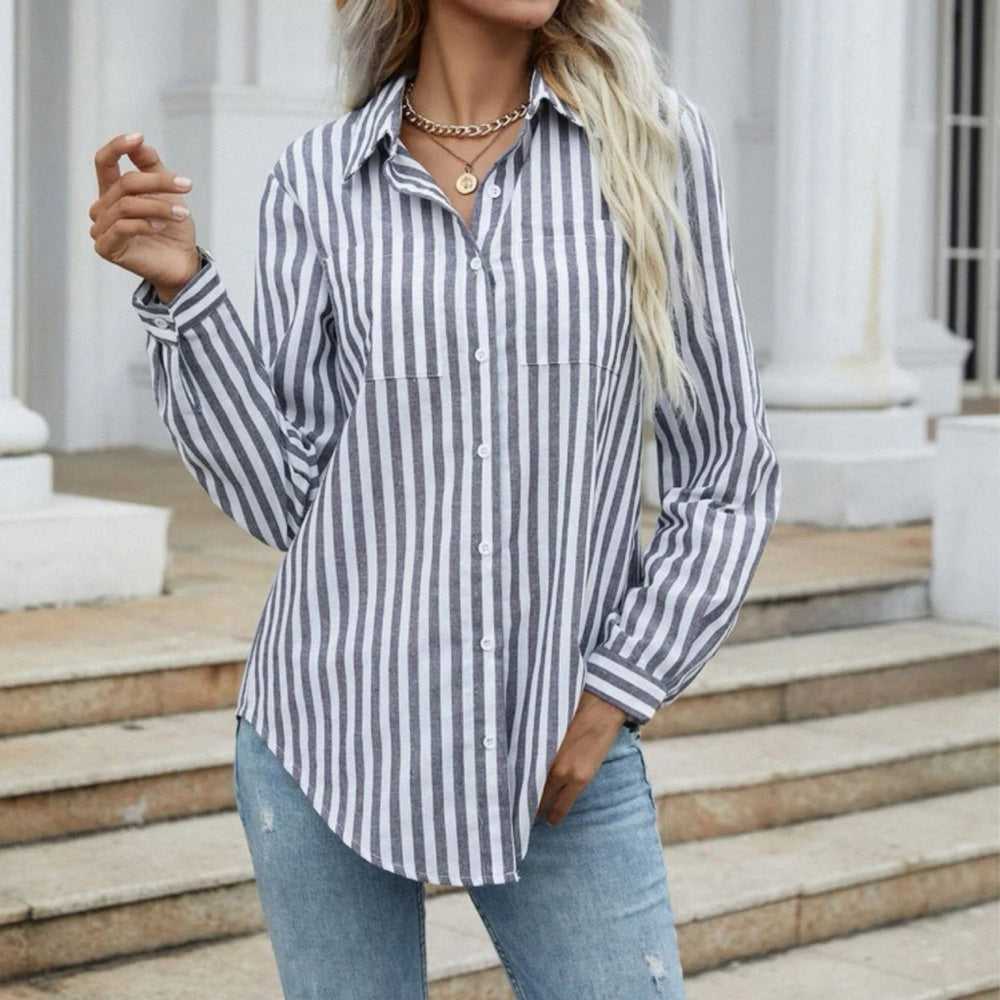 SHEIN LUNE Striped Print Button Front Shirt | Collared Navy and White Blouse Women > Tops > Button Down Shirts 12 $ Buttons & Beans Co.