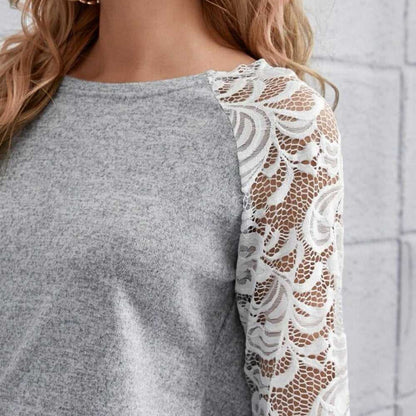 Sheer Lace Raglan Sleeve Color block Tee | Pink and White Lace, Brushed Women > Tops > Tees - Long Sleeve 13 $ Buttons & Beans Co.